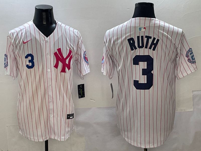 Men New York Yankees #3 Ruth White Stripe Jointly Name Nike 2025 MLB Jersey style 2